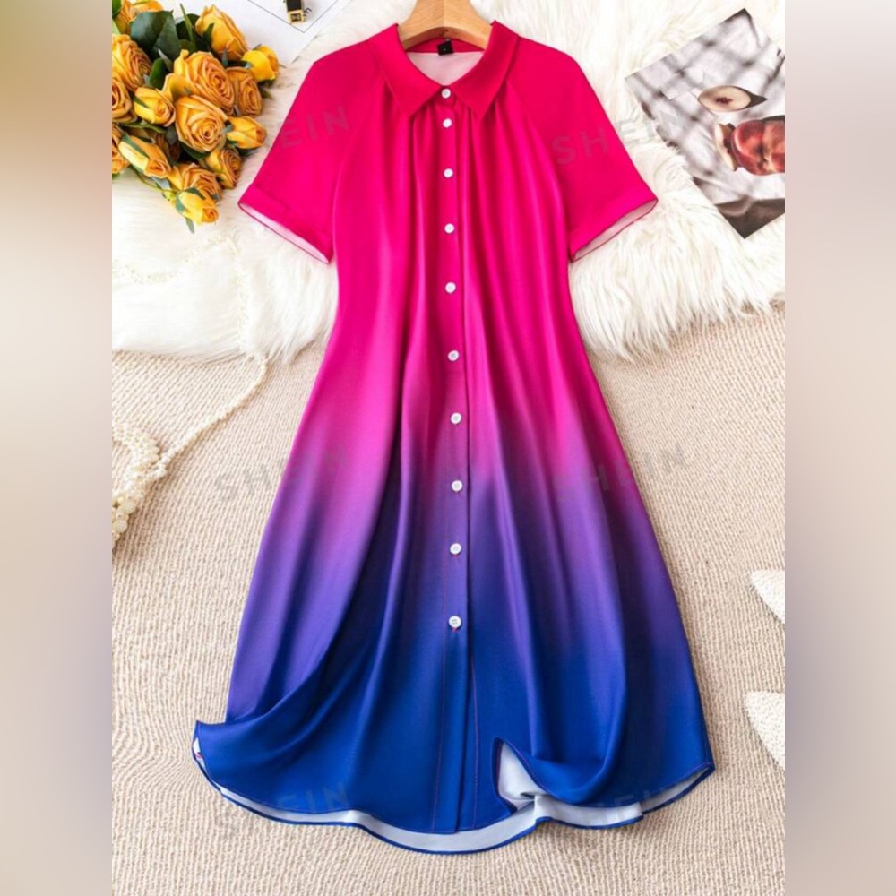 SHEIN Pink Purple Blue Ombré Shirt Dress Bi Colors Pride